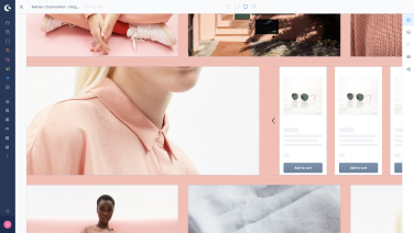The shopping experience in the admin is displayed, featuring a tw-grid of fashion-related images predominantly in shades of pink.