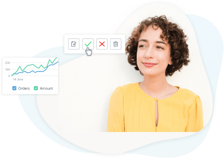 A woman is smiling and looking to the side. Next to her are icons for editing, approving, rejecting, and deleting, with a hand cursor pointing at the approval icon. Below this, a line chart shows the data for "Orders" and "Amount," indicating an upward trend.