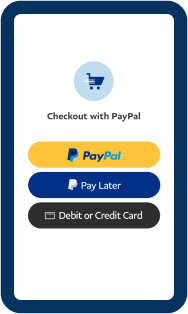 A mobile checkout interface displaying payment options, including PayPal, Pay Later, and Debit or Credit Card, with a shopping cart icon at the top.